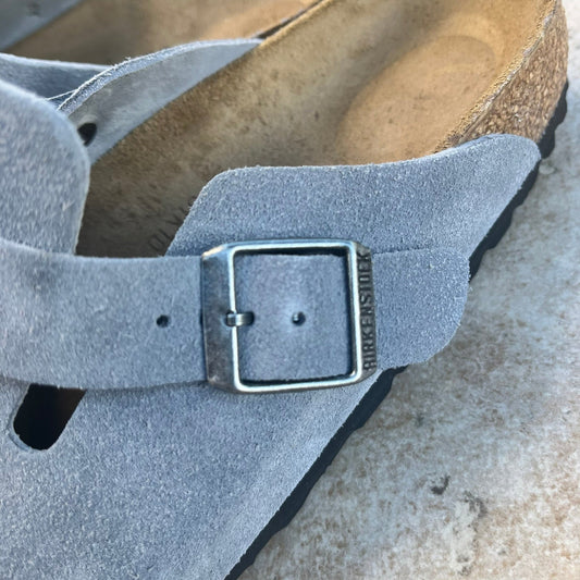 Blue Gray suede Clog with a metal buckle
