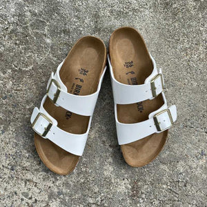 BIRKENSTOCK Arizona Patent White Birko-flor Gold Buckle