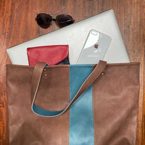 Tote Shopping Bag in Brown and Teal Leather