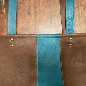 Tote Shopping Bag in Brown and Teal Leather