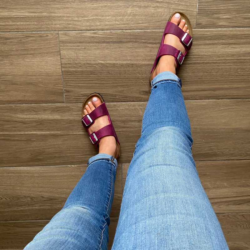 BIRKENSTOCK Arizona Festival Fuchsia Oiled Leather with jeans