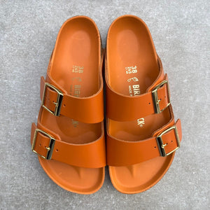 Pair of orange sandals with gold buckles on a gray background
