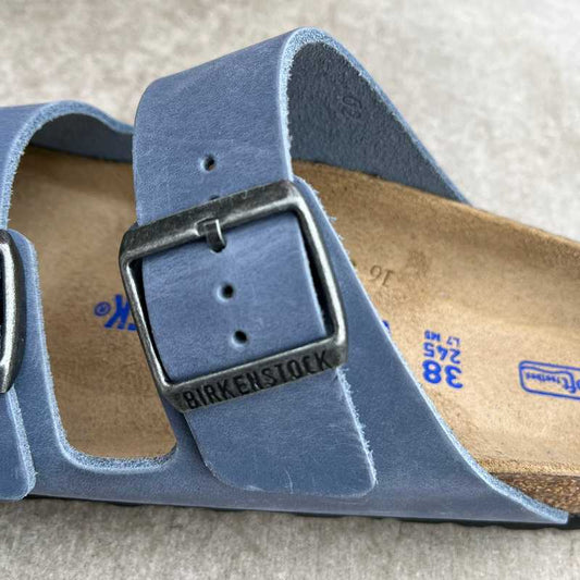 BIRKENSTOCK Arizona. Elemental Blue Oiled Leather Soft Footbed iron buckle