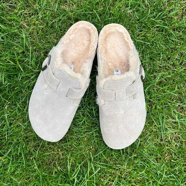 BIRKENSTOCK Boston Shearling Taupe Suede Leather