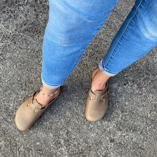 BIRKENSTOCK Boston Tobacco Brown Oiled Leather with jeans