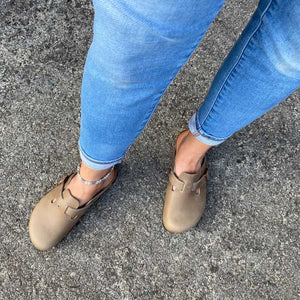 BIRKENSTOCK Boston Tobacco Brown Oiled Leather with jeans