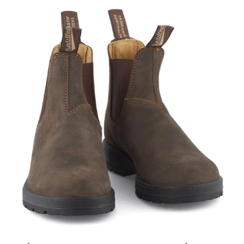 A pair of Blundstone 585 rustic brown slip-on boots with a round toe and side elastic gussets.