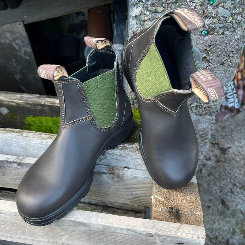 Pair of brown blundstone boots with green accents. Australian Boots sold in Ireland