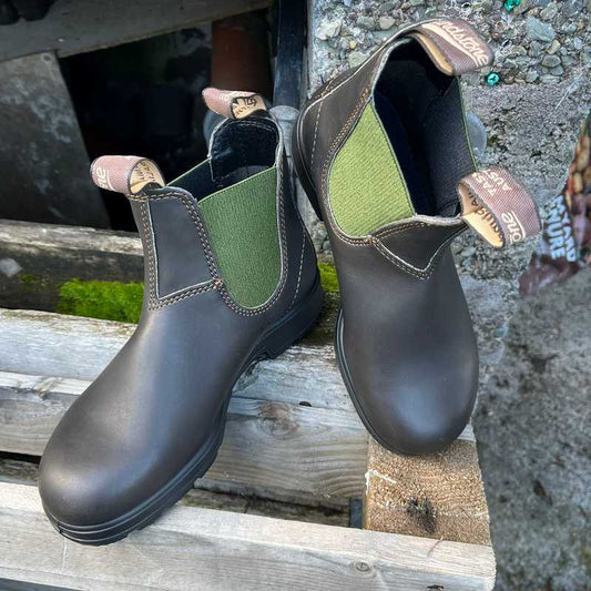 Pair of brown blundstone boots with green accents. Australian Boots sold in Ireland