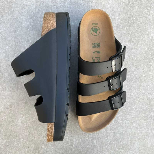 BIRKENSTOCK Florida Black Papillio Vegan Platform Birko-Flor three strap