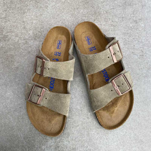 BIRKENSTOCK Arizona Taupe Suede Leather Soft Footbed with denim