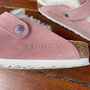BIRKENSTOCK Boston Shearling Pink Clay Suede Leather logo