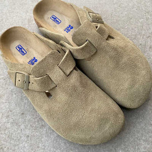 BIRKENSTOCK Boston Faded Khaki Suede Leather Soft Footbed house shoes 