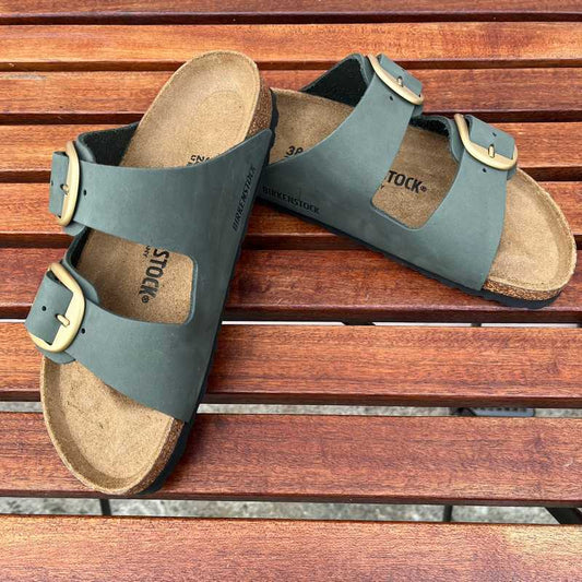 BIRKENSTOCK Arizona Big Buckle Thyme Green Nubuck Leather with Gold Buckle 