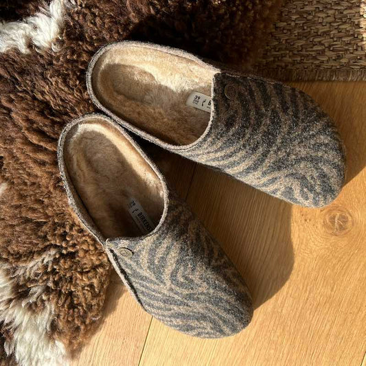 Birkenstock Zermatt Shearling Zebra Toffee Melange Wool Felt