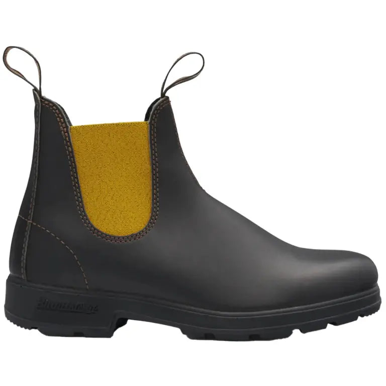 Brown premium leather boot with yellow   panel and pull on tab on a white background