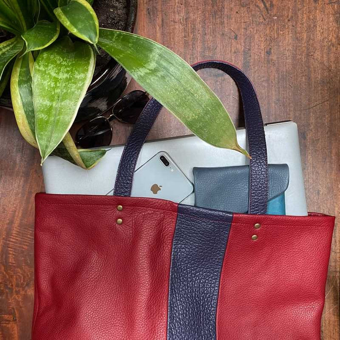 Tote Shopping Bag in Red and Purple Leather