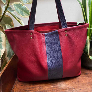 Tote Shopping Bag in Red and Purple Leather