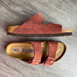 BIRKENSTOCK Arizona Chocolate Suede Leather Soft Footbed Top and side view
