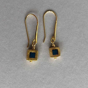 Square Brushed Gold and Cobalt Blue Drop Earrings - Craft Shop Bantry
