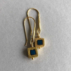 Square Brushed Gold and Cobalt Blue Drop Earrings - Craft Shop Bantry