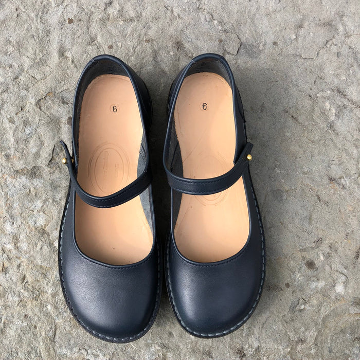 Handmade Mary Jane Style Leather Shoes - Navy Size 6