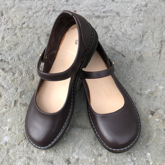 Handmade Mary Jane Style Leather Shoes - Chocolate Brown