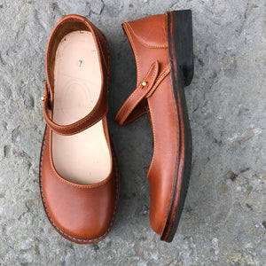 Handmade Mary Jane Style Leather Shoes - Tan Size 7 - Craft Shop Bantry
