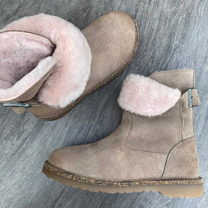 BIRKENSTOCK Uppsala Grey Taupe Suede with Rose Shearling Top and side with pink shearling