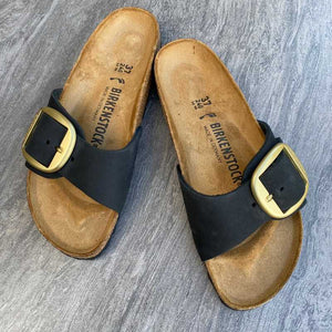 BIRKENSTOCK Madrid Big Buckle Black Nubuck Leather with a Gold Buckle top view