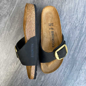 BIRKENSTOCK Madrid Big Buckle Black Nubuck Leather with a Gold Buckle top and side