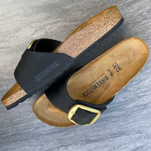 BIRKENSTOCK Madrid Big Buckle Black Nubuck Leather with a Gold Buckle top and side view
