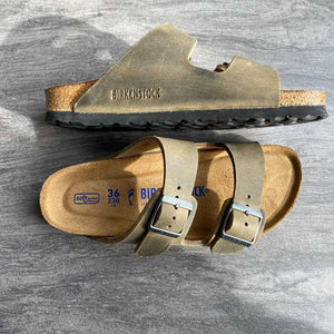 BIRKENSTOCK Arizona Faded Khaki Oiled Leather Soft Footbed Side and Top view