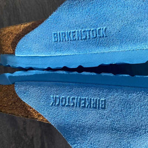BIRKENSTOCK Arizona Sky Blue Suede Leather Soft Footbed logo