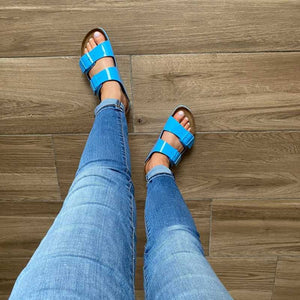 BIRKENSTOCK Arizona Patent Sky Blue Birko-flor with denims